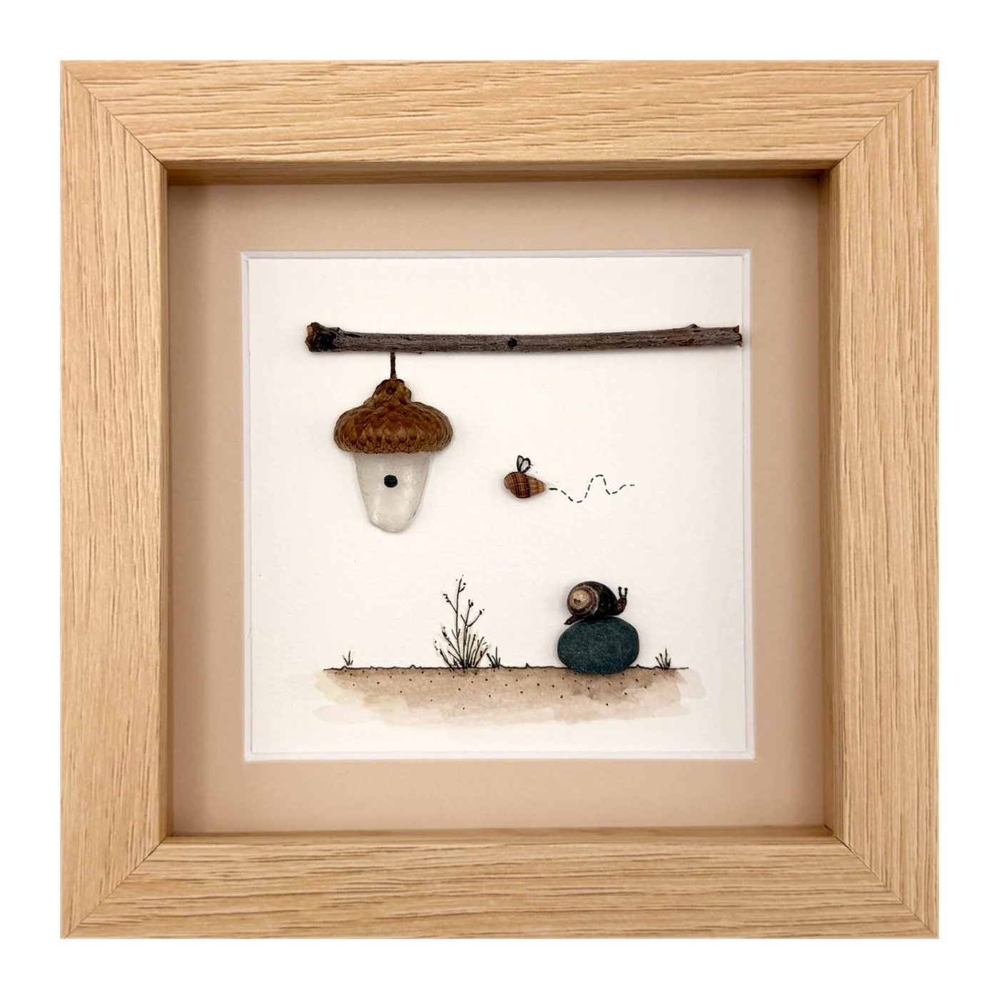 Hanging acorn house with a bee and snail