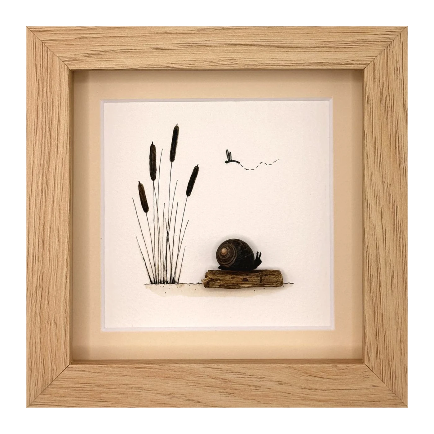 Shell snail on a driftwood log beside cattails