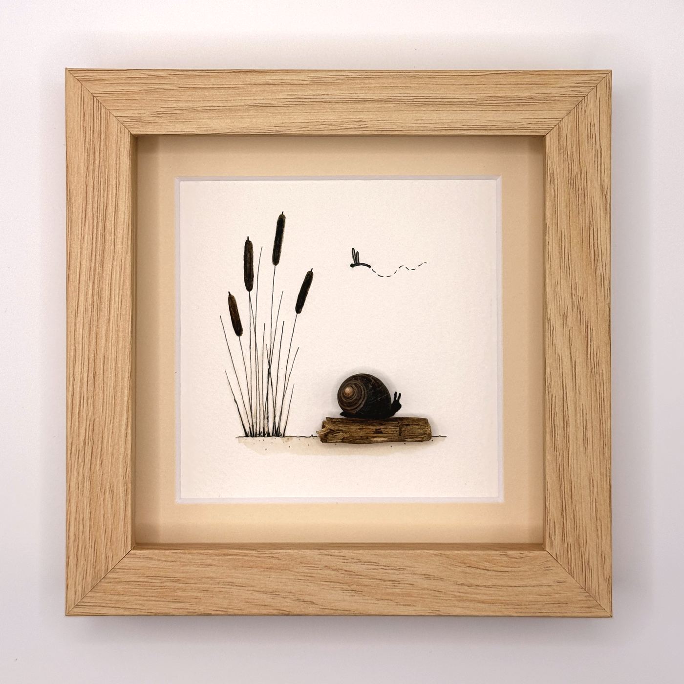 Shell snail on a driftwood log beside cattails