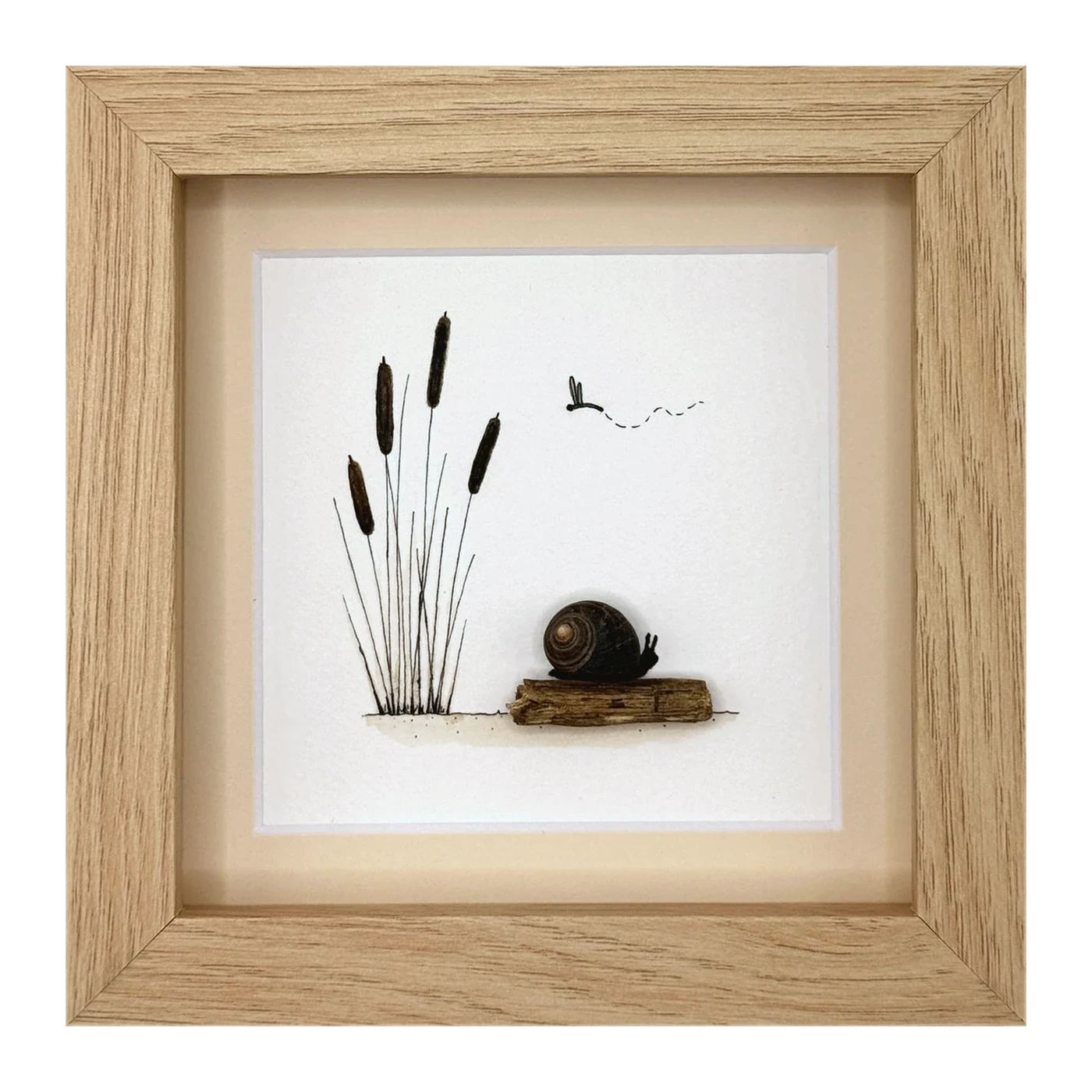 A snail on a twig beside cattails